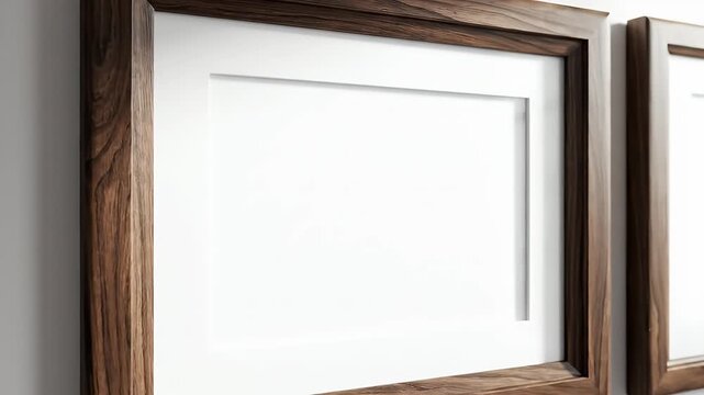 Three empty wooden picture frames hanging on a white wall with natural light casting shadows.