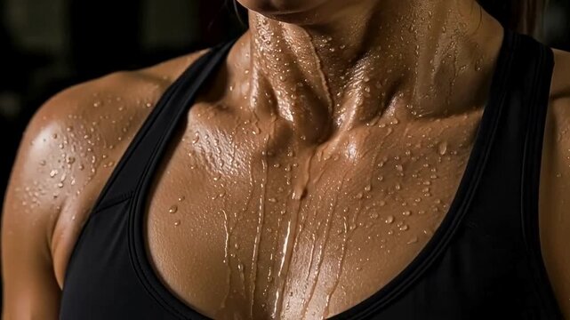Sweaty woman in black sports tank top after intense workout