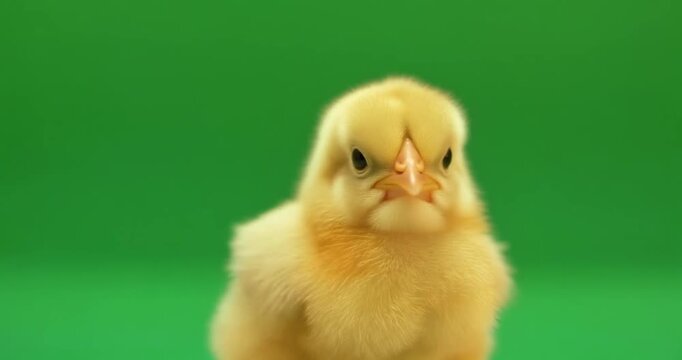 A close-up view of a yellow chick standing against a green background