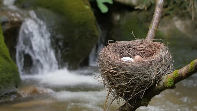 A bird's nest with eggs resting on a tree branch near a flowing stream, showcasing a tranquil nature scene