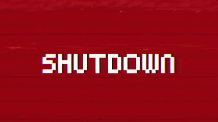 pixelated SHUTDOWN text with vintage glitch and digital distortion effects on a vibrant red background. Ideal for tech errors, retro gaming, or system failure warnings.