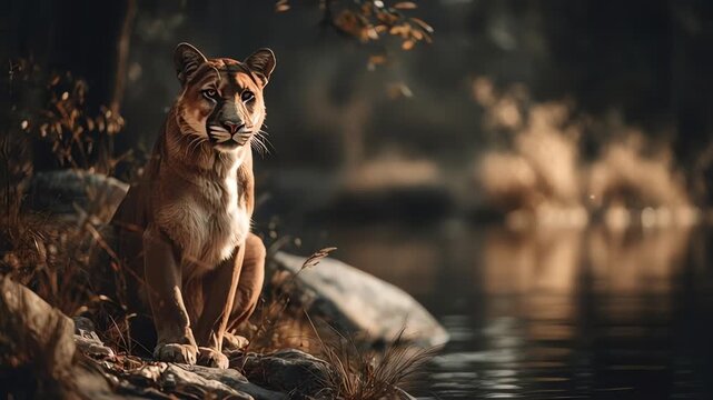 Majestic Saber Tooth Tiger Staring Intensely Near Forest Water Edge