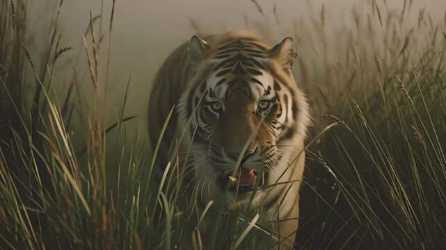 Bengal Tiger Stalking Prey Sabertooth Tiger Ambush in Tall Grass