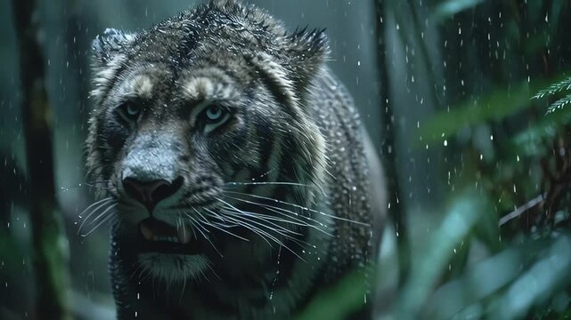 Powerful saber tooth tiger stares intensely wildlife portrait
