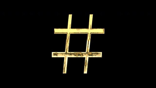 Gold hash sign, light reflecting and patterns shifting, alpha channel