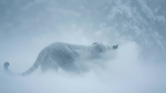 Powerful saber tooth tiger stalking through winter snow