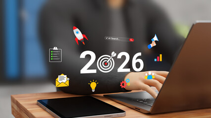 2026 Targets for Business and Personal Growth, Clear Objectives, Trends, AI, Marketing, Smart Goals, Strategic Planning, Future Success. Entrepreneur Setting 2026 Targets and Plans on Laptop. 3D
