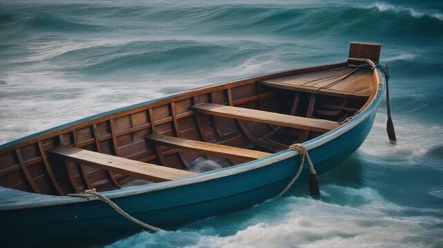 An empty boat floating peacefully on the wavy water