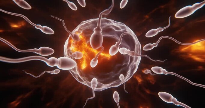 Sperm cells surrounding an egg cell in a dark environment