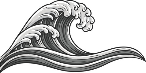 Detailed monochrome vector illustration of a breaking ocean wave in a traditional Japanese art style with stylized foam and intricate linework.
