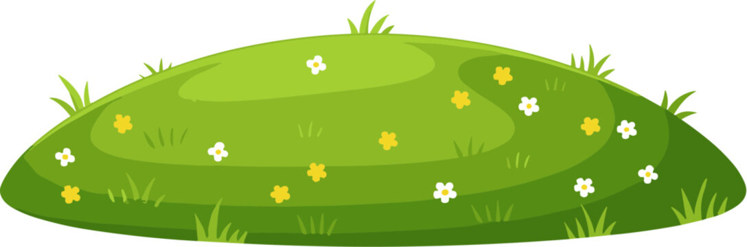 Cartoon Style Grassy Hill with Flowers and Grass Illustration Graphic Element