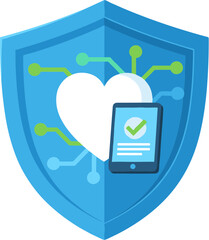 Flat Design Shield with Heart and Mobile for Healthcare Security Concept