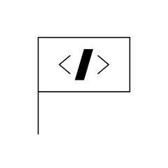 Fototapeta premium Programming language symbol displayed on a waving flag against a white background, representing code and development