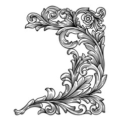 Vector illustration of acanthus scroll ornament engraving. Vintage Baroque Victorian floral engraved style. Calligraphic, flourish, filigree, heraldic, swirl