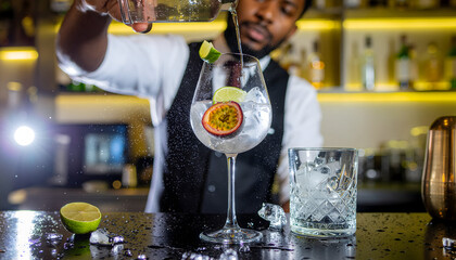 Bartender preparing a refreshing gin and tonic with passion fruit garnish.