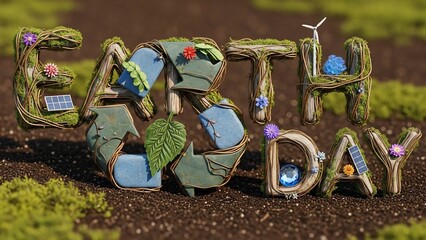 Creative 'EARTH DAY' lettering crafted from natural elements and recycled materials, featuring solar panels, a wind turbine, and a recycling symbol, set on a mossy ground.