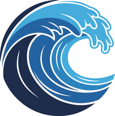 A dynamic circular vector illustration of a crashing ocean wave. Uses shades of blue and white outlines to create a stylized, energetic marine graphic with a clean, modern aesthetic.