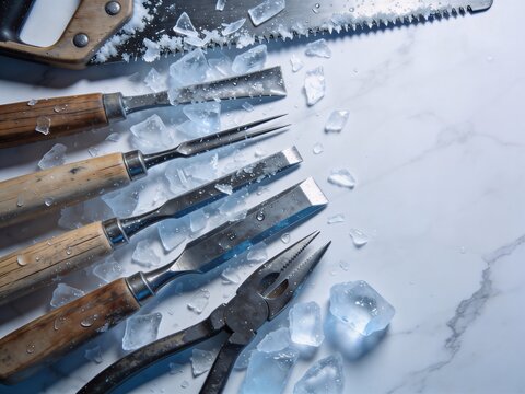 Professional ice carving chisels and tools with frozen shavings on marble background. Perfect for artisan craft content, workshop themes, and behind-scenes narratives. Editorial still life style.