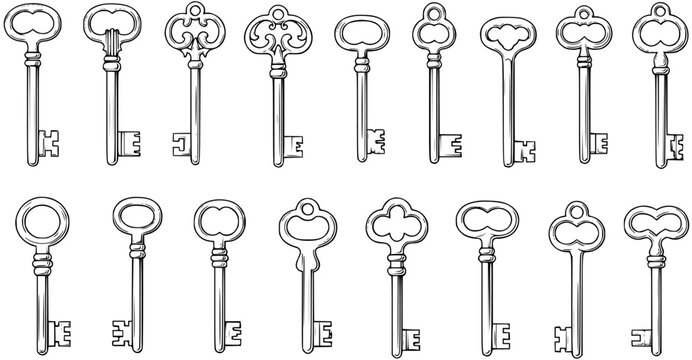 Vintage Skeleton Keys Line Art - Antique, Ornate, Historical, Security, Access, Illustration