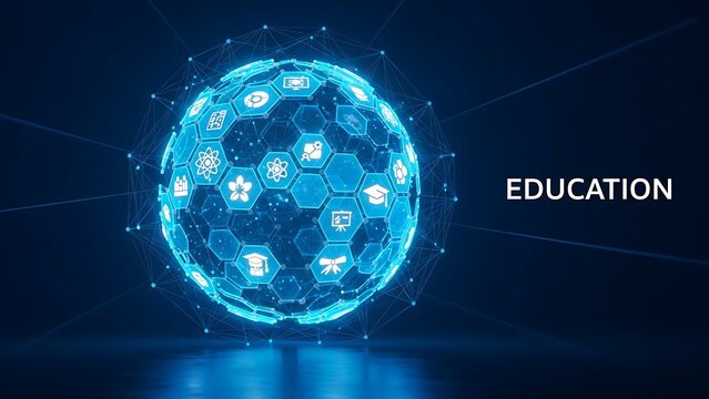 Abstract Digital Render of a Glowing Hexagonal Sphere Representing the Interconnectedness of Global Education and Future Learning Technologies