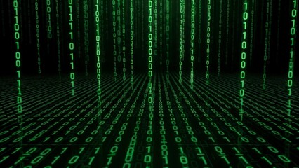 Digital Matrix of Green Binary Code Falling Downwards.