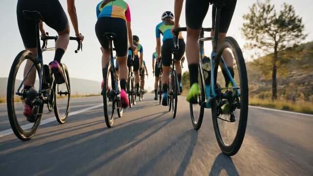 Cinematic video of a group of cyclists pedaling their bikes in unison