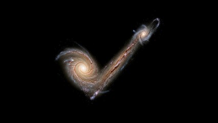 Two Interacting Spiral Galaxies in Deep Space Forming a Cosmic Checkmark Against a Dark Background.