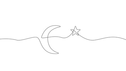Continuous one line crescent moon and star illustration, Ramadan and Eid Islamic spiritual symbol, minimalist linear vector design