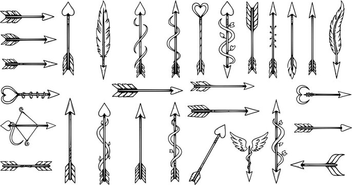 Black and White Line Art Arrows Vector Set, Boho Tribal Arrow Illustrations, Rustic  Romantic Arrow Designs
