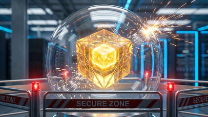 Glowing Golden Cube in Server Room 3D