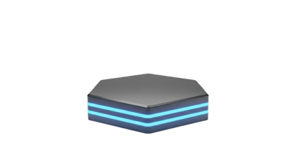3D Hexagonal platform with blue neon lights on transparent background