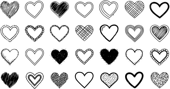 A Diverse Collection of Hand-Drawn Black and White Heart Illustrations for Love, Romance, and Emotional Design. Featuring Sketchy Outlines, Solid Shapes, and Various Perfect for Valentine's Day