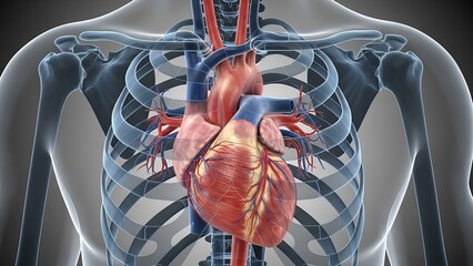 Detailed view of the human heart and ribcage anatomy illustration
