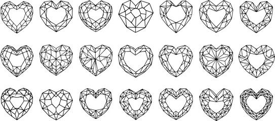 Fototapeta premium Black and White Line Art of Heart-Shaped Gemstone Facets, Isolated Vector Graphics
