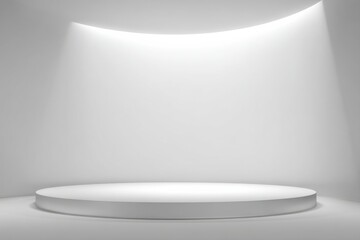 Empty circular podium in a white room with curved ceiling spotlight stage presentation