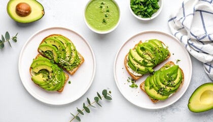 Avocado Toast Duo with Cream Cheese and Sprouts on White Plates, Top View