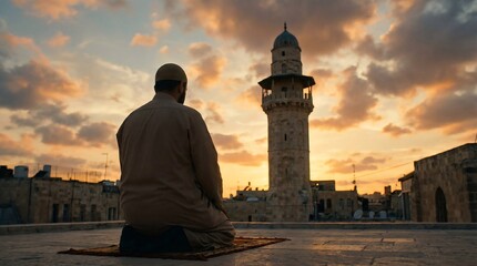 A man kneeling on a prayer rug, facing a mosque's minaret, bathed in the warm light of the sunset