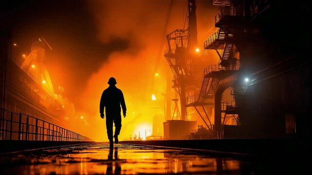 A dashing male employee is silhouetted against a blast furnace.
