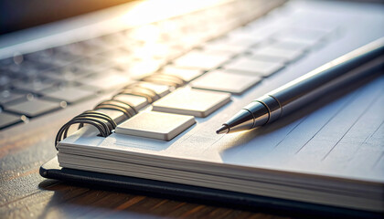 Fototapeta premium Pen and Notebook: A detailed view of a pen poised above an open notebook, set against the backdrop of a laptop keyboard, representing the synergy of modern technology and traditional note-taking.