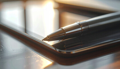 Digital Interface: A sleek black stylus pen rests upon the smooth surface of a tablet device, suggesting technological creativity. capturing digital experience.
