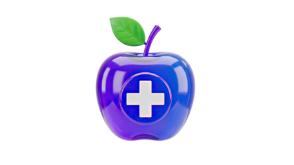 3D Blue Apple with White Medical Cross and Leaf