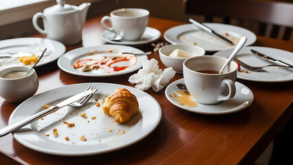 Breakfast table with dirty dishes and leftover food