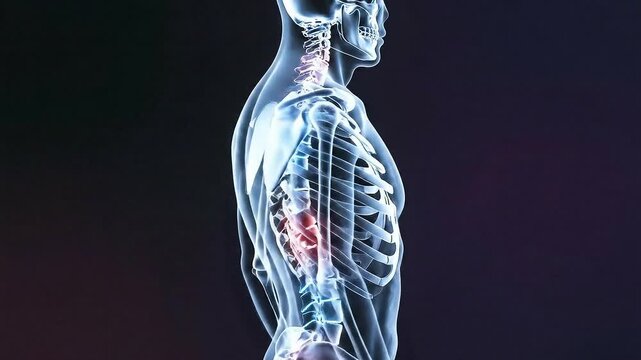 3D Medical Animation of Skeletal System with Spine Highlighted in Red and Blue Rotating on Dark Background for