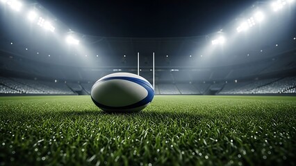A rugby ball rests on a perfectly manicured green grass field in a large, empty stadium under bright floodlights at night.