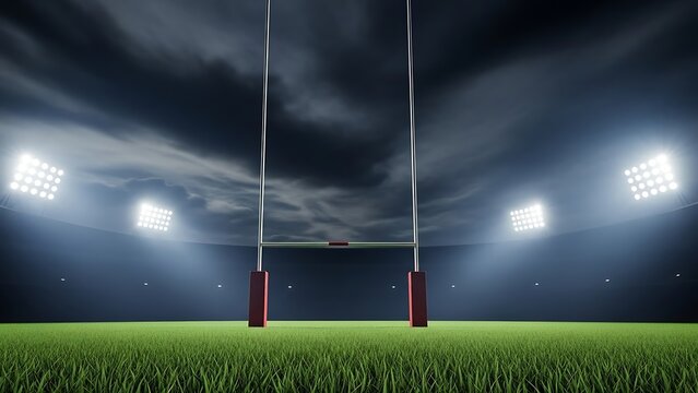 A brightly lit rugby or American football stadium at night with goalposts on a green grass field under a dark, cloudy sky.