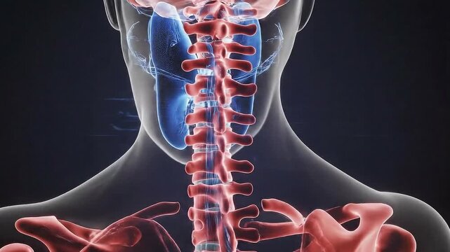 Anatomical X-Ray Animation of Human Neck and Spine in Blue and Red Tones Medical Visualization with Transparent Skin