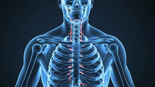 Anatomy Visualization Blue Tone Animation of Human Skeleton Ribcage with Red Circulatory System Medical Education