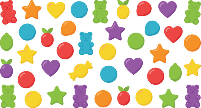 Colorful candy and fruit grid illustration, gummy bears, sweet treats, playful background, vibrant snack pattern, cheerful vector design