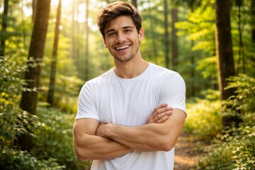 Young Smiling Man Standing Confidently in a Green Forest during Sunlight, Casual White T-Shirt, Nature and Happiness Concept