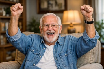 Joyful Senior Man Celebrating Victory or Success at Home, Relaxed and Happy Expression